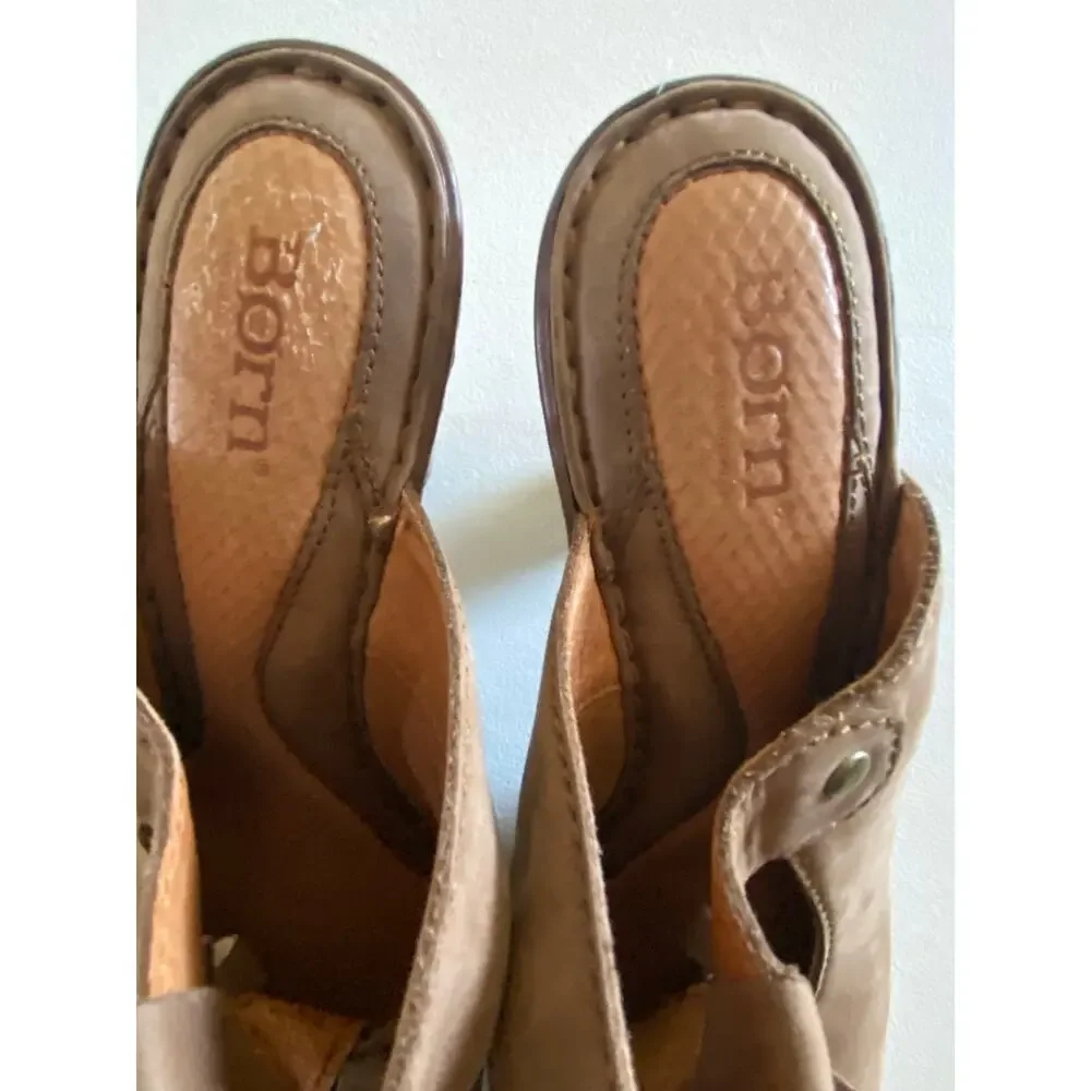 Born Suede Boho Fringe T-Strap Mules Heel Tan Size 9 Hippie Festival‎